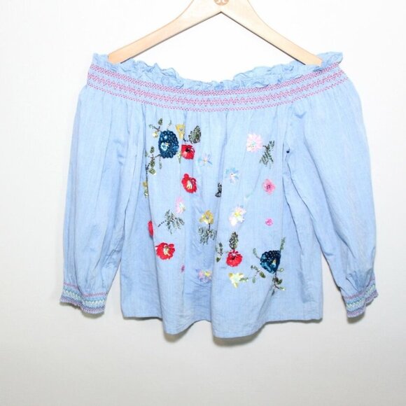 NWT Joie Off-the-Shoulder Floral Embroidered Chambray Top Blue Blouse - Picture 2 of 12